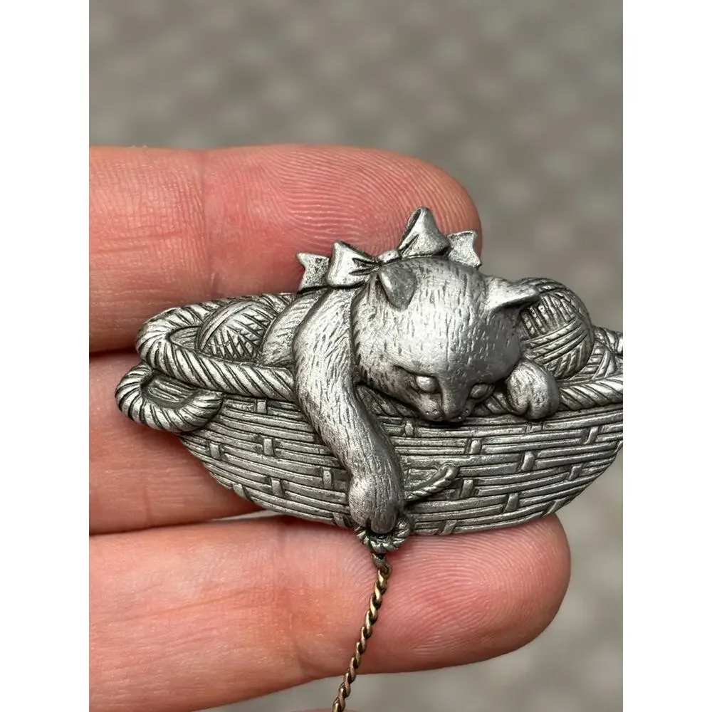 Vintage JJ JONETTE Signed Pewter Kitty Cat &‎ Mouse Articulated Brooch Pin